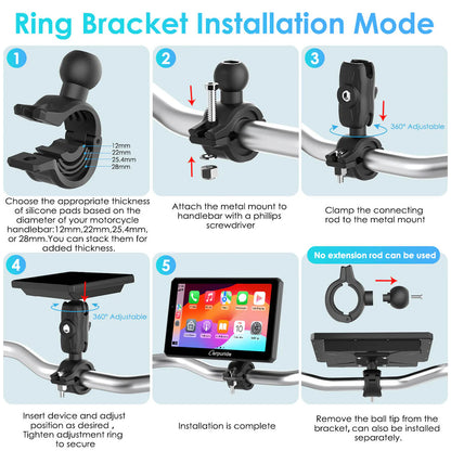 Carpuride Universal W712D with TPMS Rotatable Motorcycle Stereo with GPS Navigation & Dash Cam