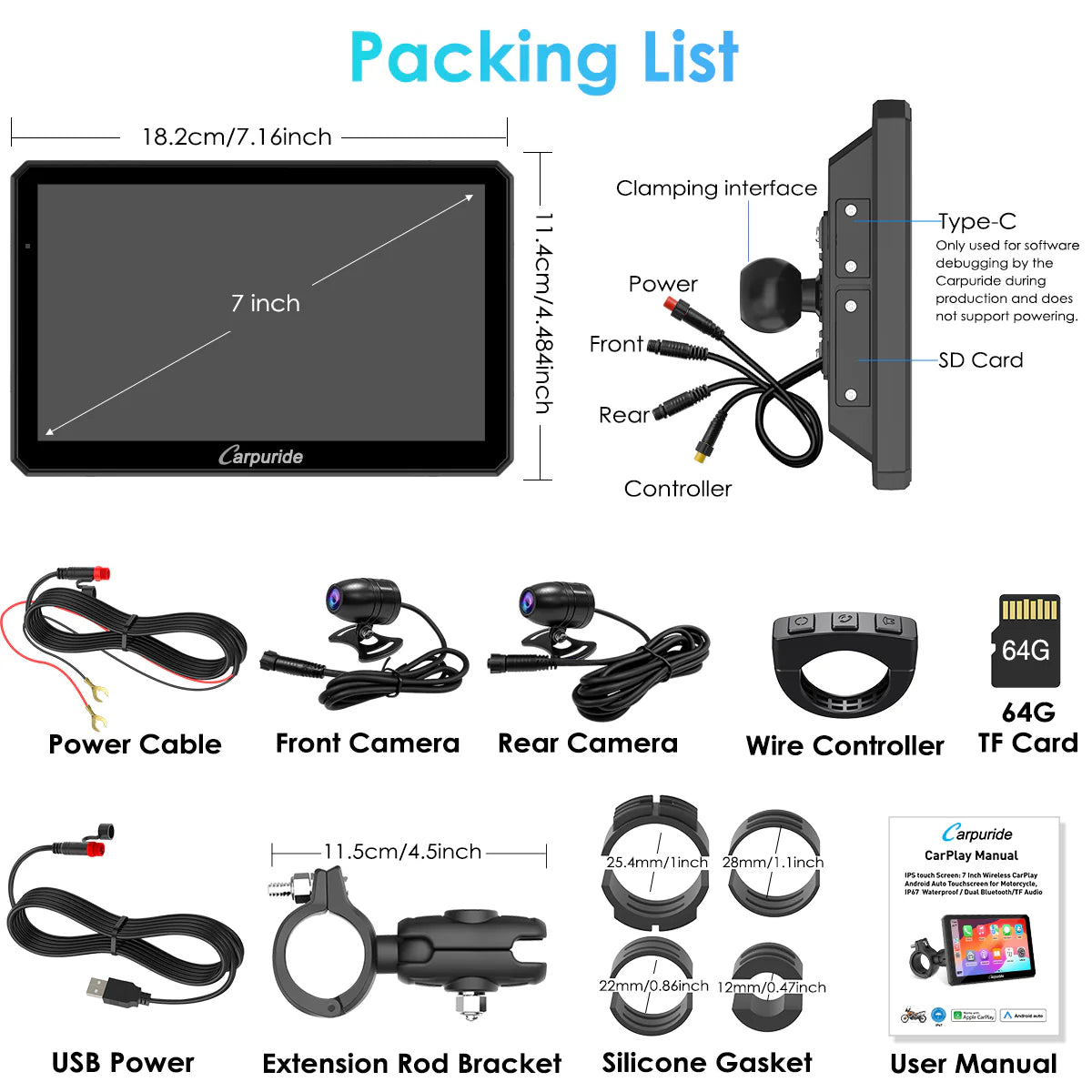 Carpuride Universal W712D with TPMS Rotatable Motorcycle Stereo with GPS Navigation & Dash Cam