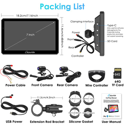 Carpuride Universal W712D with TPMS Rotatable Motorcycle Stereo with GPS Navigation & Dash Cam