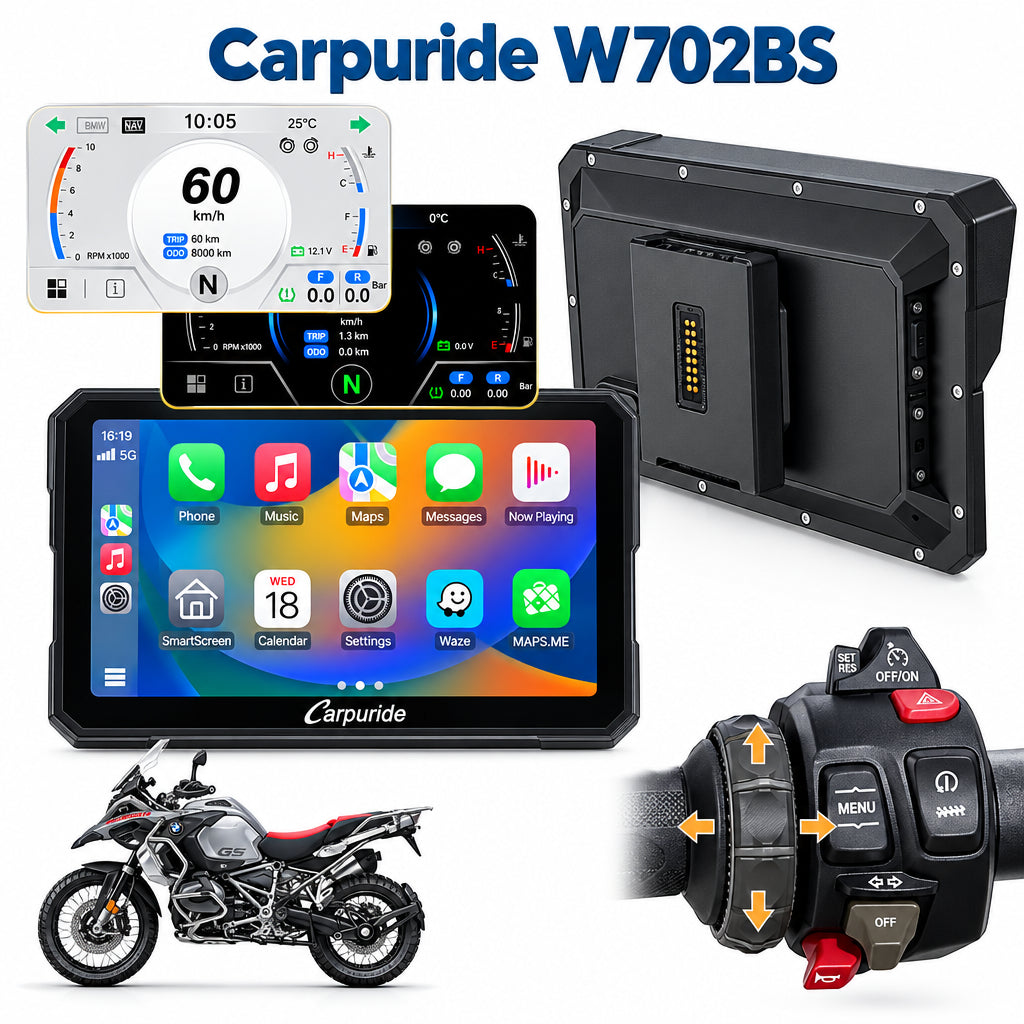 Carpuride W702BS (7 Inch) BMW Motorcycle CarPlay with OEM Controller Integration