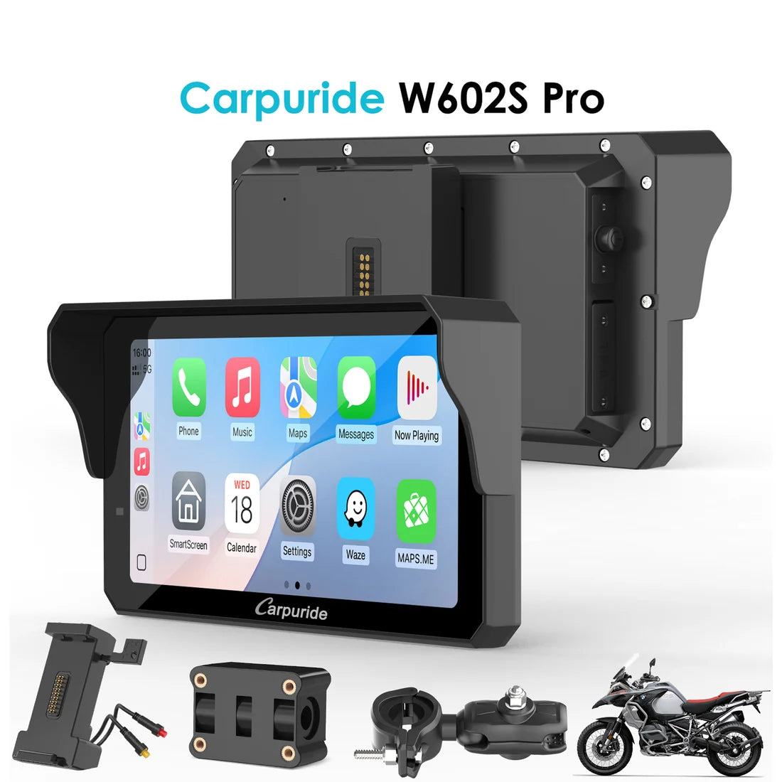 Carpuride Universal W602S Pro 6-Inch Motorcycle CarPlay Plug-and-Play BM05 Bracket with Type-C Port