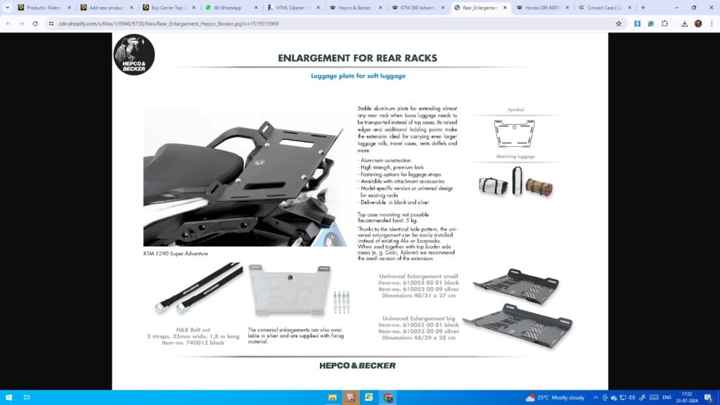 Carrier Rear Rack Enlargement KTM 390 Adventure - Hepco Becker - 8007601 00 01 - Riders Junction