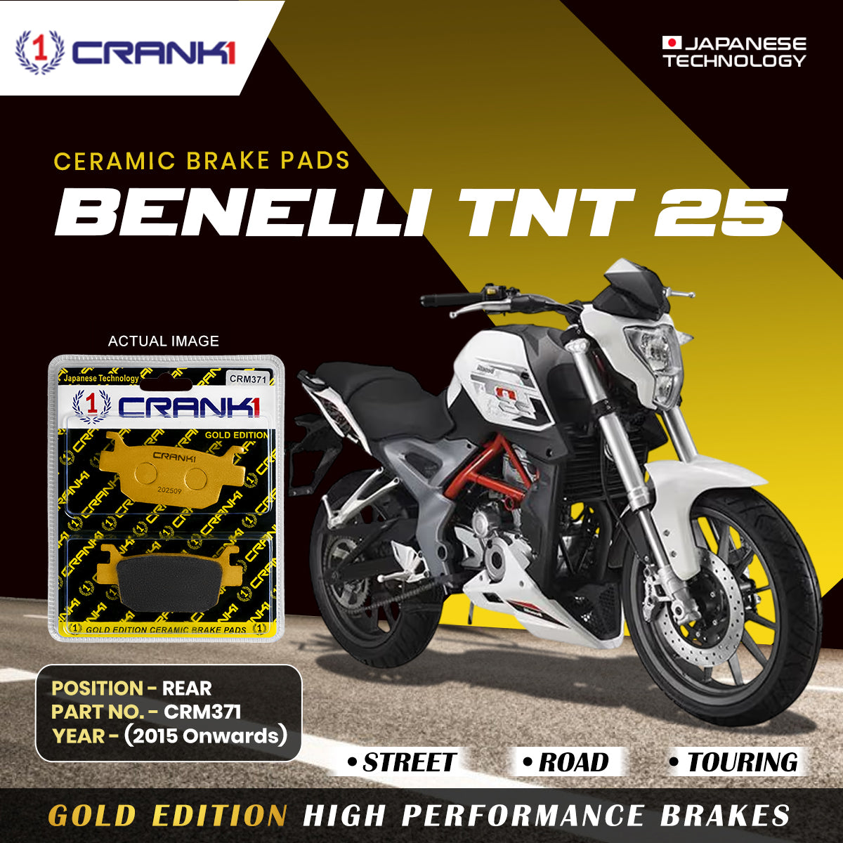 Ceramic Brake Pads For Benelli TNT 25 (2015 Onwards) - Rear - CRM371 - 1 Set - CRANK1