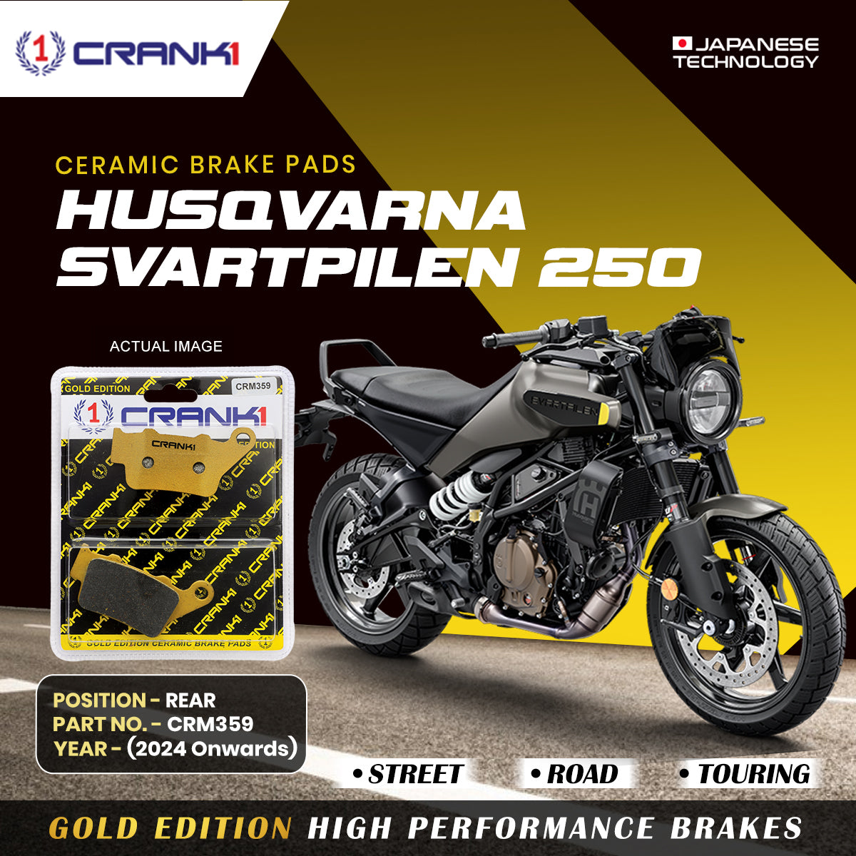 Ceramic Brake Pads For Husqvarna Svartpilen 250 (2024 Onwards) - Rear - CRM359 - 1 Set - CRANK1