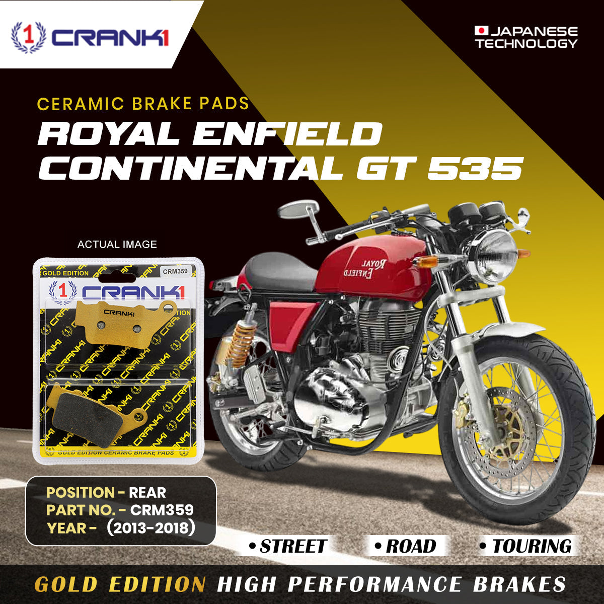 Ceramic Brake Pads For Royal Enfield Continental GT 535 (2013-2018) - Rear - CRM359 - 1 Set - CRANK1