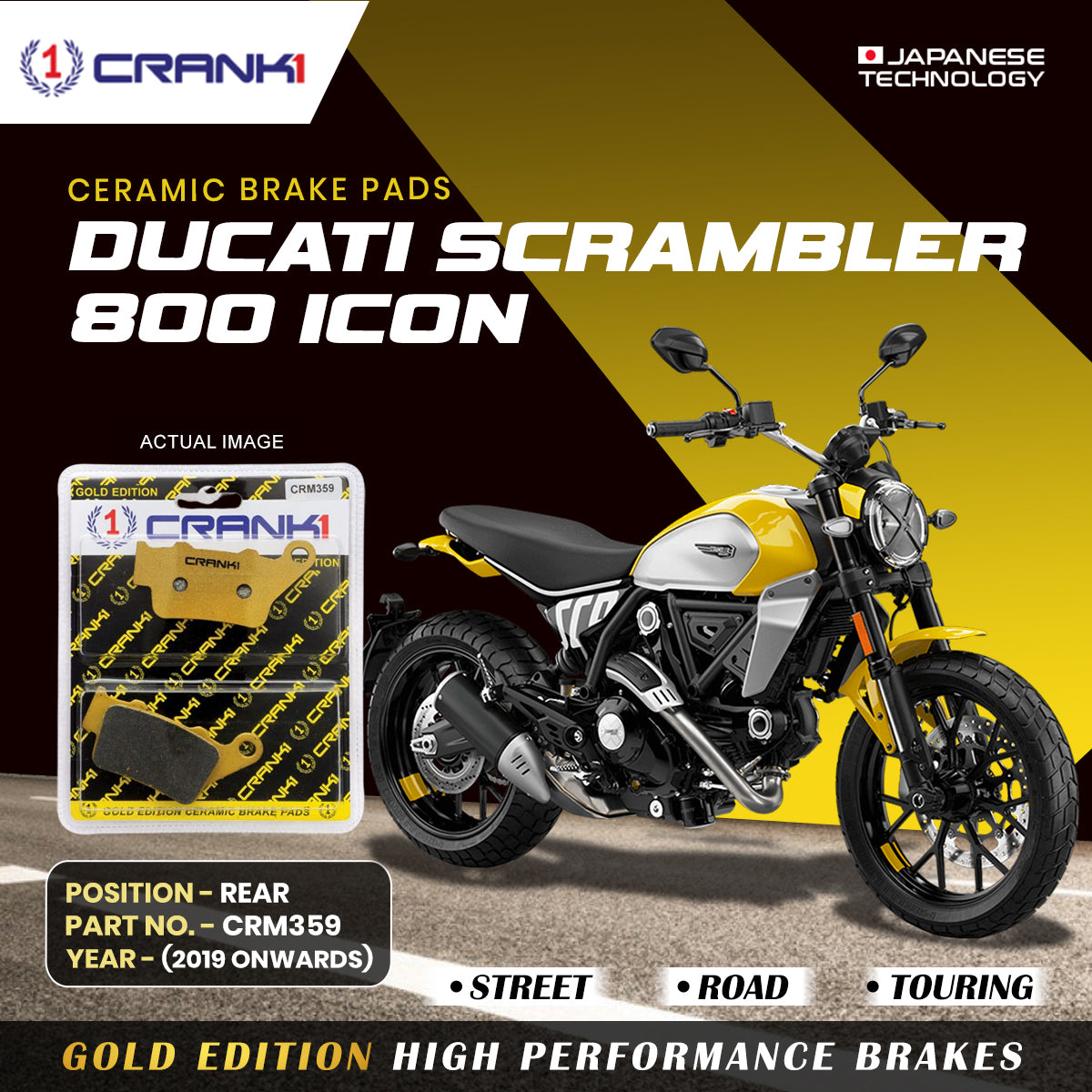 Ceramic Brake Pads For Ducati Scrambler 800 Icon (2019 Onwards) - Rear - CRM359 - 1 Set CRANK1