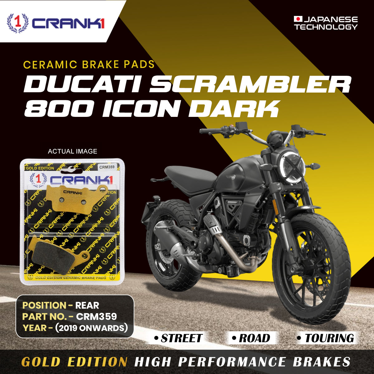 Ceramic Brake Pads For Ducati Scrambler 800 Icon Dark (2019 Onwards) - Rear - CRM359 - 1 Set CRANK1
