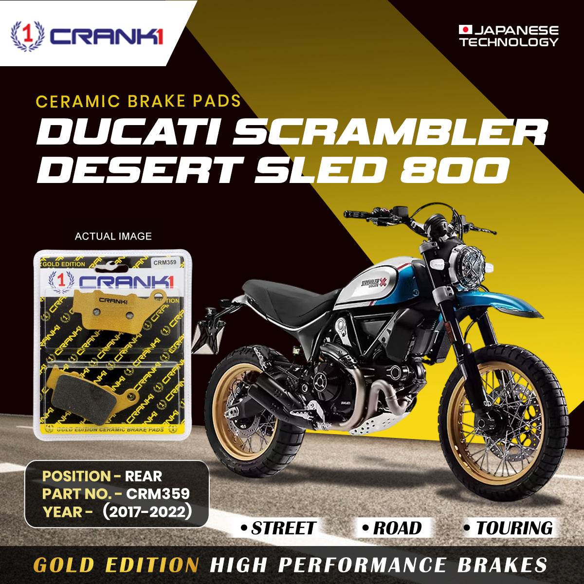 Ceramic Brake Pads For Ducati Scrambler Desert Sled 800 (2017-2022) - Rear - CRM359 - 1 Set CRANK1