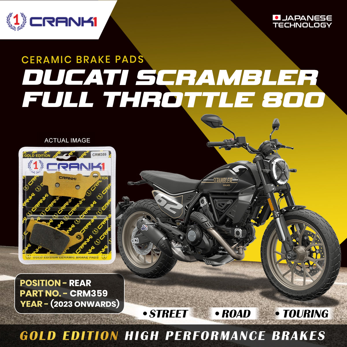 Ceramic Brake Pads For Ducati Scrambler Full Throttle 800 (2023 Onwards) - Rear - CRM359 - 1 Set CRANK1