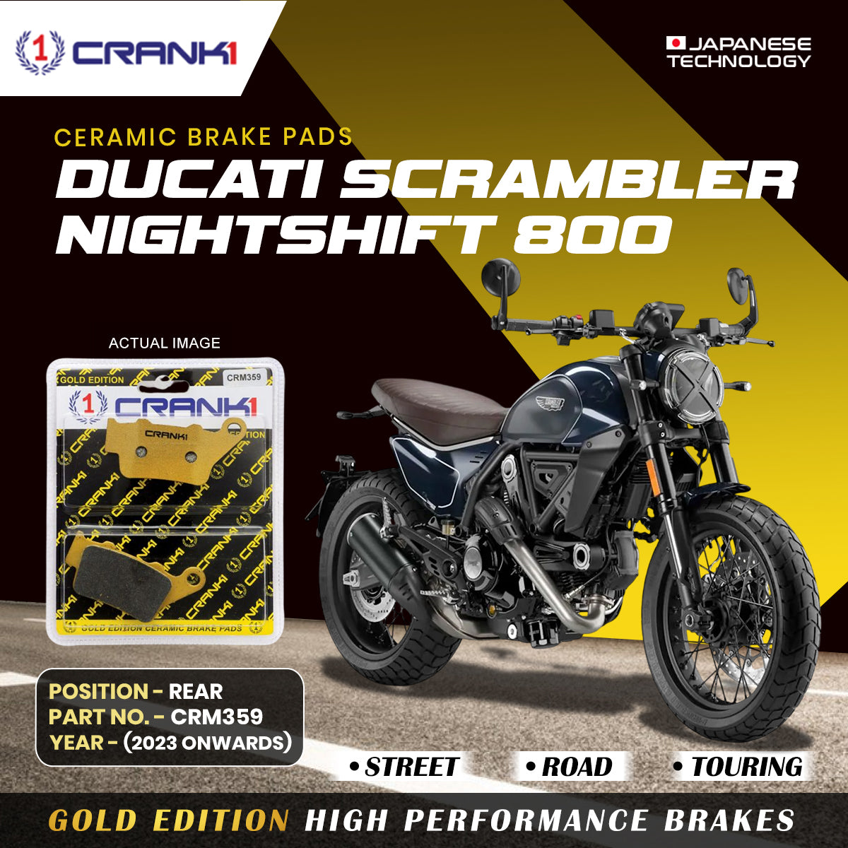 Ceramic Brake Pads For Ducati Scrambler Nightshift 800 (2023 Onwards) - Rear - CRM359 - 1 Set CRANK1