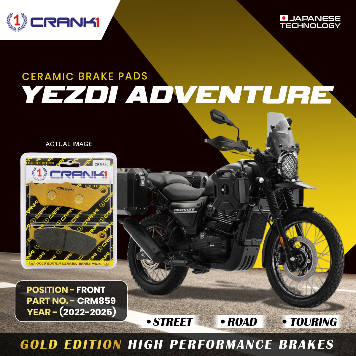 Ceramic Brake Pads For Yezdi Adventure (2022-2025) - Front - CRM859 - CRANK1