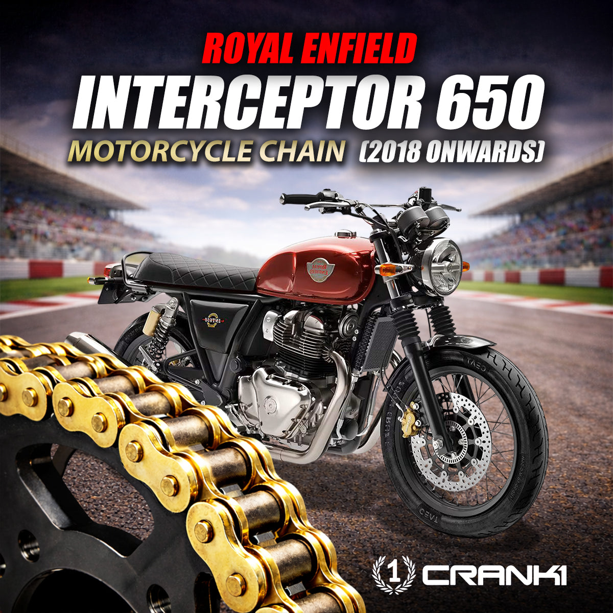 Chain For Royal Enfiled Interceptor 650 (2018 Onwards) - 525 Pitch x 100 Links Gold (ZVMX) - CRANK1