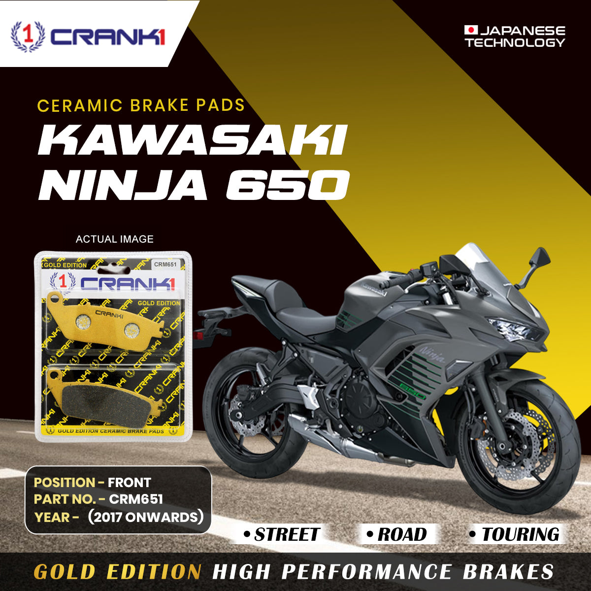 Crank1-Ceramic Brake Pads For Kawasaki Ninja 650 (2017 onwards)-Front-CRM651 (2 set)