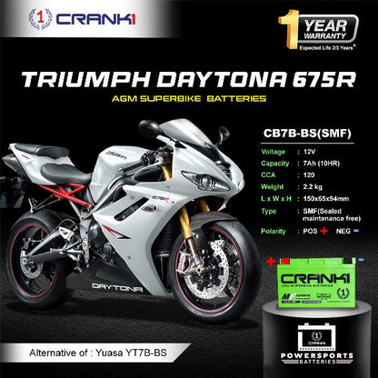 Crank1 Battery For Triumph Daytona 675R (2006-2025) - CB7B-BS - Factory Activated