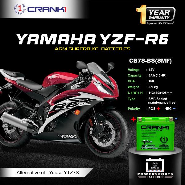 Crank1 Battery For Yamaha YZF-R6 (2017-2021) - CB7S-BS - Factory Activated