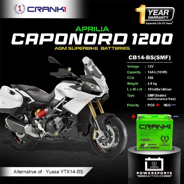 Crank1 Battery For Aprilia Caponord 1200 (2010-2017) - CB14-BS - Factory Activated