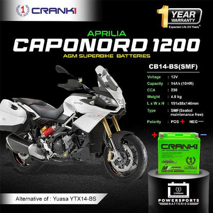 Crank1 Battery For Aprilia Caponord 1200 (2010-2017) - CB14-BS - Factory Activated
