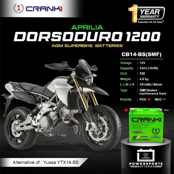 Crank1 Battery For Aprilia Dorsoduro 1200 (2010-2017)- CB14-BS - Factory Activated