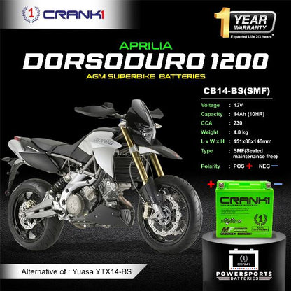 Crank1 Battery For Aprilia Dorsoduro 1200 (2010-2017)- CB14-BS - Factory Activated