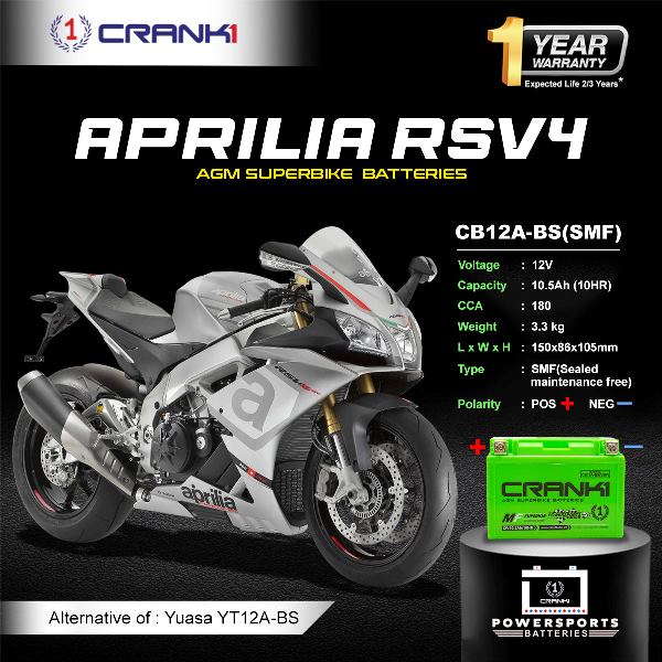Crank1 Battery For Aprilia RSV4 (2017-2025)- CB12A-BS - Factory Activated