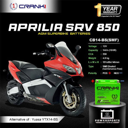 Crank1 Battery For Aprilia SRV 850 (2015-2023) - CB14-BS - Factory Activated
