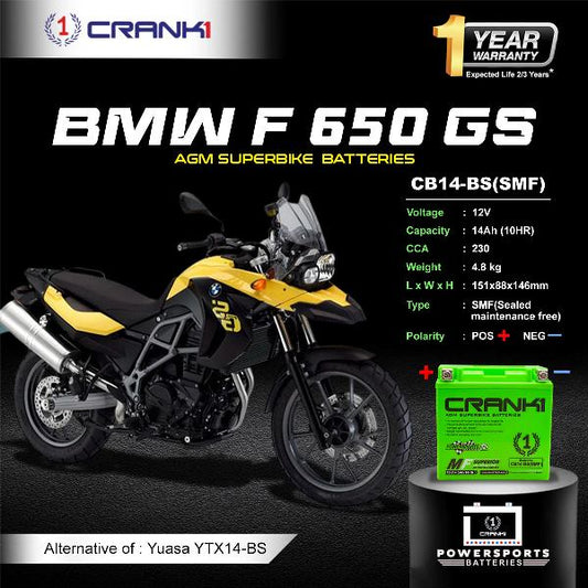 Crank1 Battery For BMW F 650 GS (2007-2012)- CB14-BS - Factory Activated