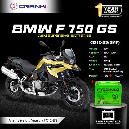 Crank1 Battery For BMW F 750 GS (2015-2025)- CB12-BS - Factory Activated