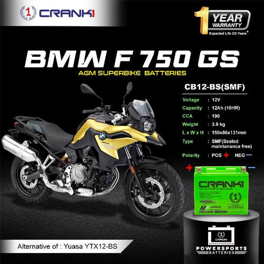 Crank1 Battery For BMW F 750 GS (2015-2025)- CB12-BS - Factory Activated