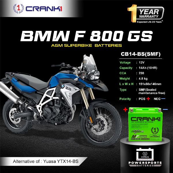 Crank1 Battery For BMW F 800 GS (2007-2018)- CB14-BS - Factory Activated