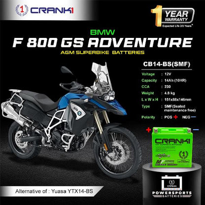 Crank1 Battery For BMW F 800 GS Adventure (2015-2024) - CB14-BS - Factory Activated