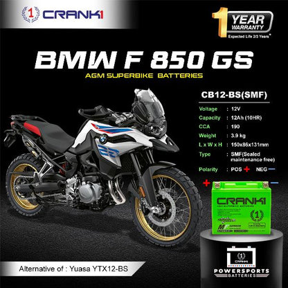 Crank1 Battery For BMW F 850 GS (2016-2025)- CB12-BS - Factory Activated
