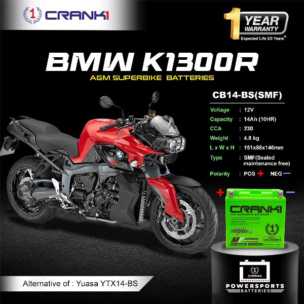 Crank1 Battery For BMW K1300R (2009-2016) - CB14-BS - Factory Activated
