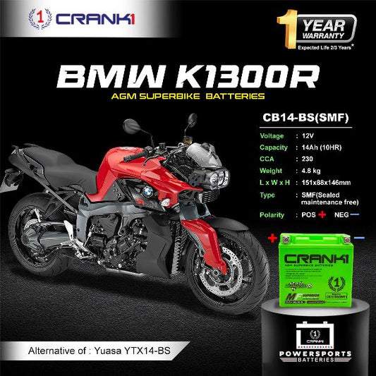 Crank1 Battery For BMW K1300R (2009-2016) - CB14-BS - Factory Activated