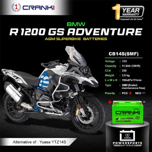 Crank1 Battery For BMW R 1200 GS Adventure (2008-2022) - CB14S - Factory Activated