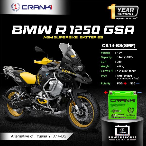 Crank1 Battery For BMW R 1250 GSA- CB14-BS - Factory Activated