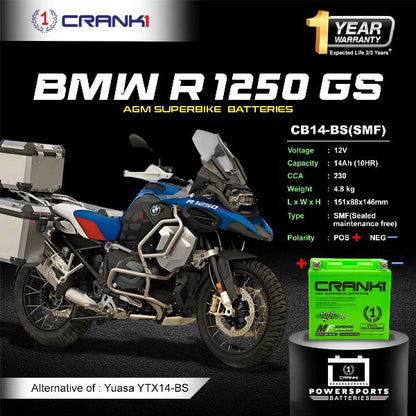Crank1 Battery For BMW R 1250 GS (2019-2023)- CB14-BS - Factory Activated