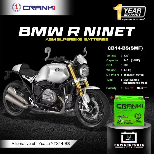 Crank1 Battery For BMW R nineT (2013-2022)- CB14-BS - Factory Activated