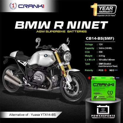 Crank1 Battery For BMW R nineT (2013-2022)- CB14-BS - Factory Activated