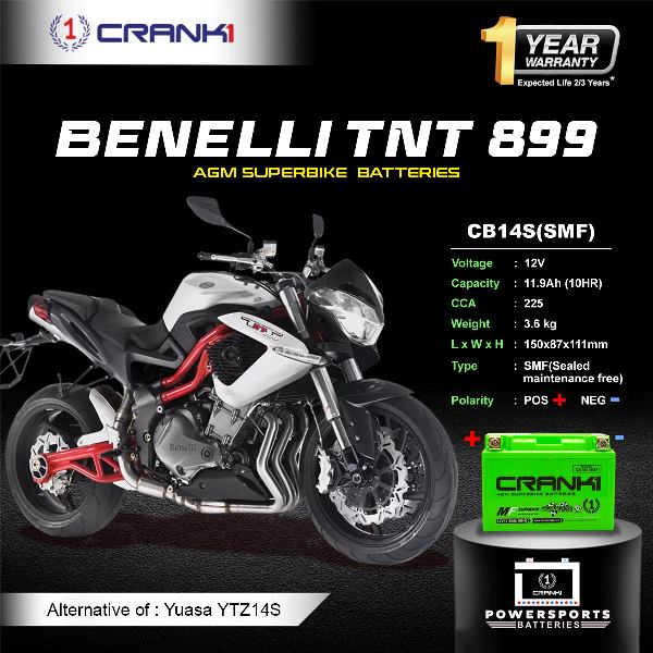 Crank1 Battery For Benelli TNT 899- CB14S - Factory Activated