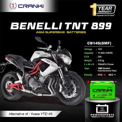 Crank1 Battery For Benelli TNT 899- CB14S - Factory Activated
