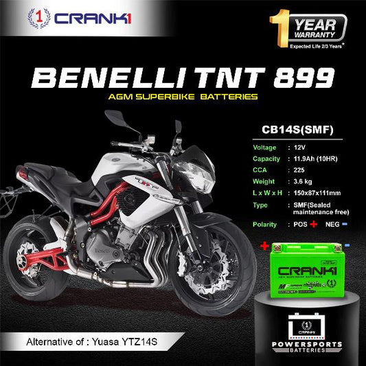 Crank1 Battery For Benelli TNT 899- CB14S - Factory Activated