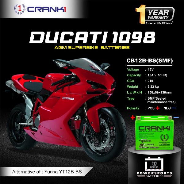 Crank1 Battery For Ducati 1098 (2007-2025) - CB12B-BS - Factory Activated