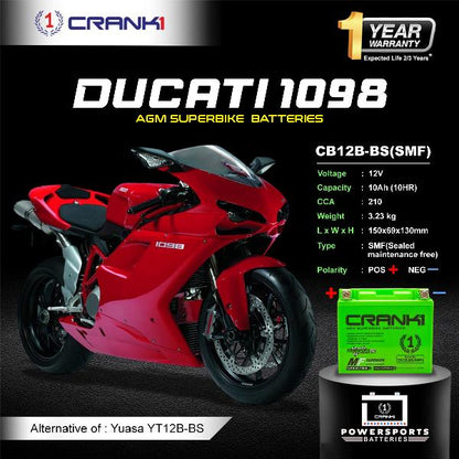 Crank1 Battery For Ducati 1098 (2007-2025) - CB12B-BS - Factory Activated