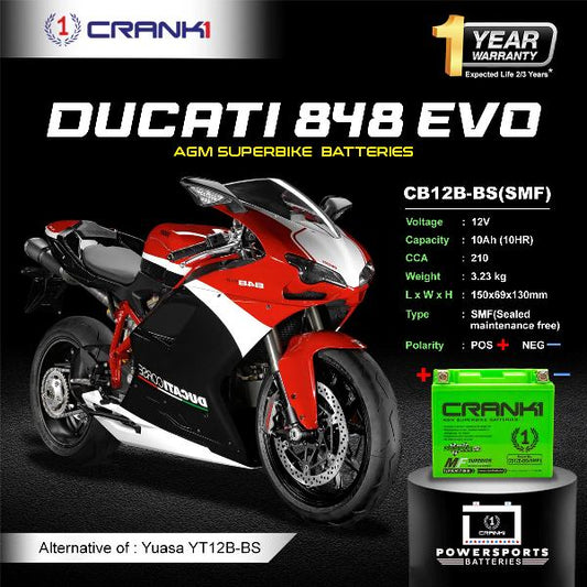 Crank1 Battery For Ducati 848 EVO (2015-2025)- CB12B-BS - Factory Activated