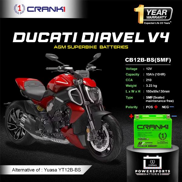 Crank1 Battery For Ducati Diavel V4 (2011-2025)- CB12B-BS - Factory Activated