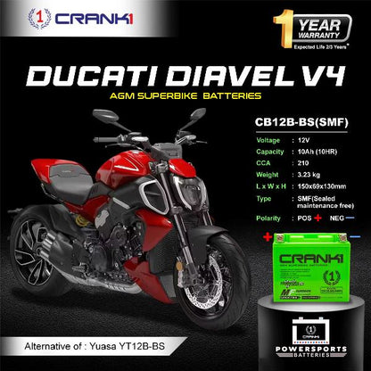 Crank1 Battery For Ducati Diavel V4 (2011-2025)- CB12B-BS - Factory Activated