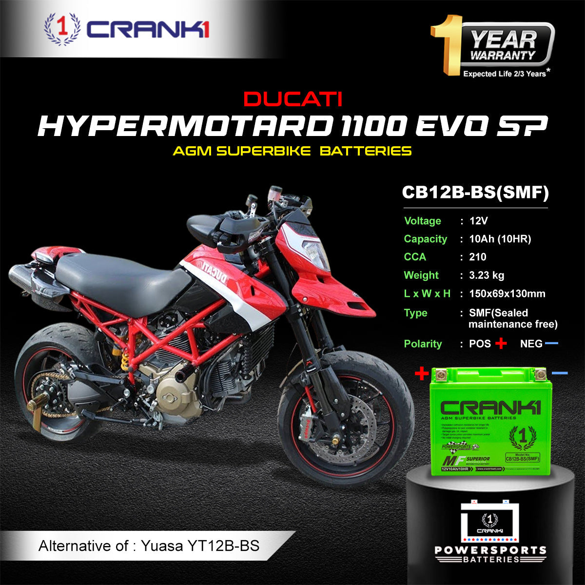 Crank1 Battery For Ducati Hypermotard 1100 EVO SP (2007-2025) - CB12B-BS - Factory Activated