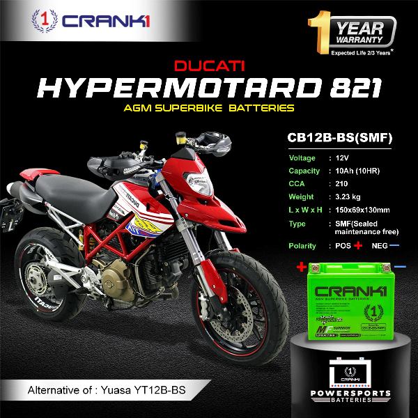 Crank1 Battery For Ducati Hypermotard 821 (2007-2025) - CB12B-BS - Factory Activated