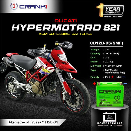 Crank1 Battery For Ducati Hypermotard 821 (2007-2025) - CB12B-BS - Factory Activated