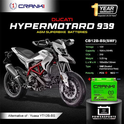 Crank1 Battery For Ducati Hypermotard 939 (2007-2025)- CB12B-BS - Factory Activated